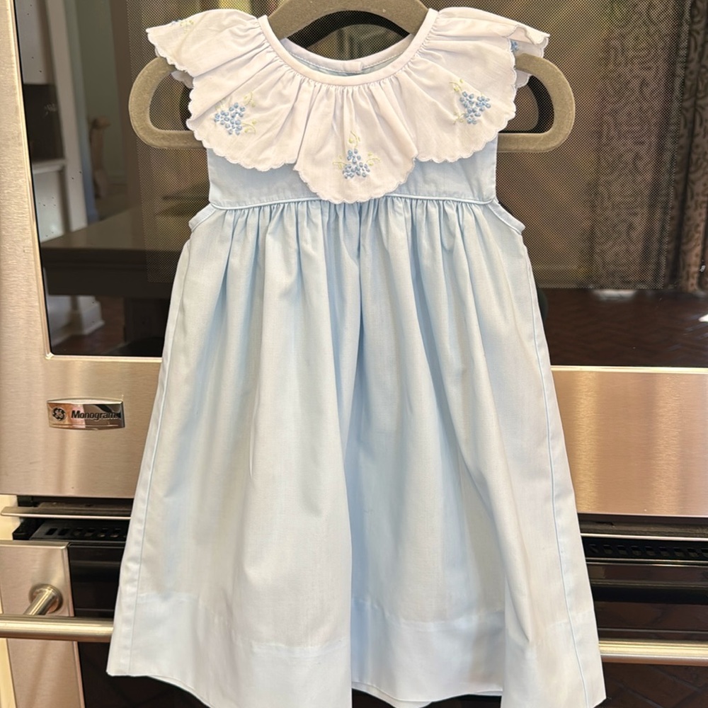 Auraluz - Blue Dress w/ Ruffle Collar & Embroidered Flowers - Size: 12M